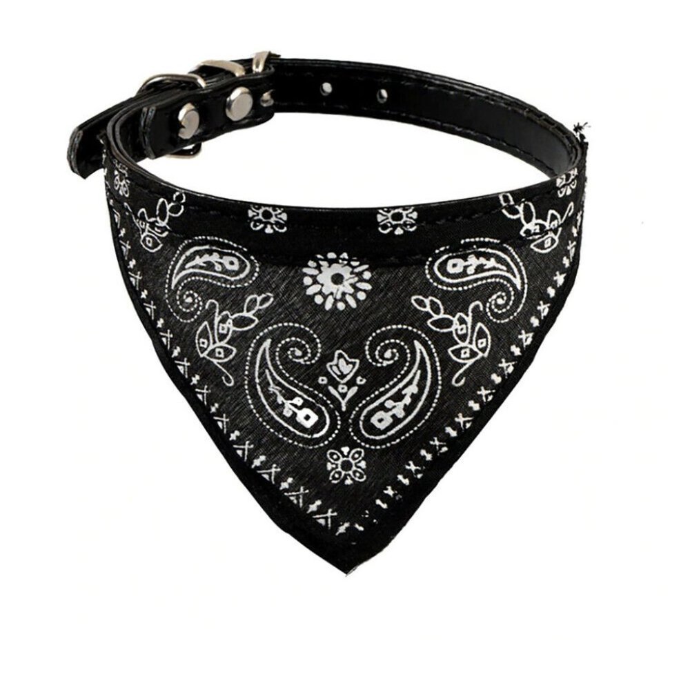 Pet Dog Cat Neck Scarf Bandana Leash Leather Neckerchief Adjustable Belt - Black